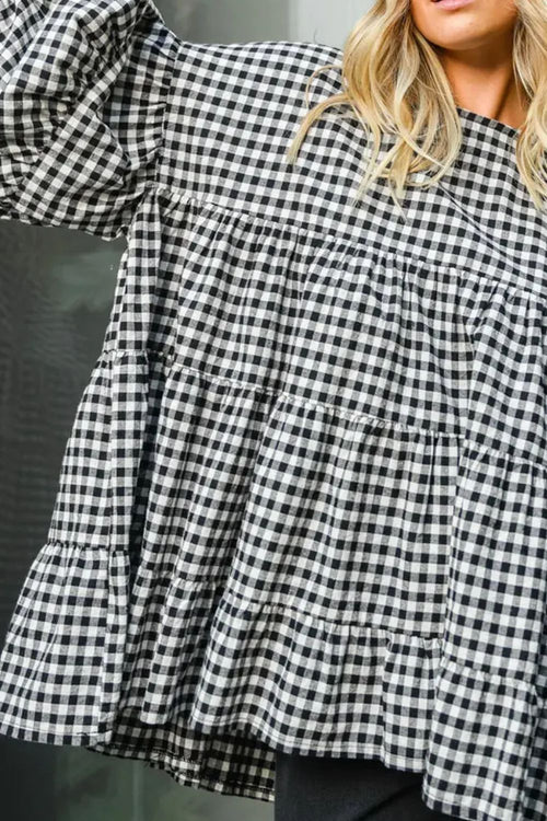 Tiered Plaid Round Neck Long Sleeve Blouse