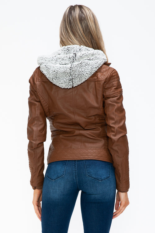 YMI Faux Layered Double-Zipper Jacket with Fuzzy Hood