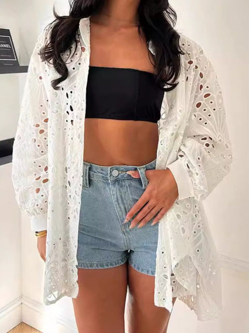 Cutout Collared Neck Long Sleeve Shirt