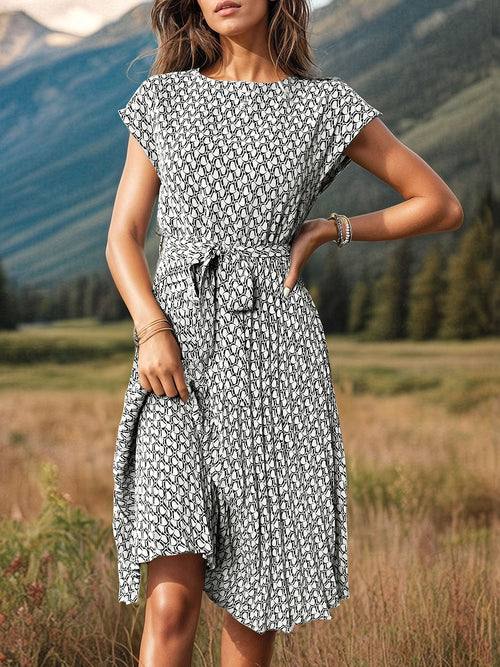 Perfee Printed Cap Sleeve Tie Waist Dress