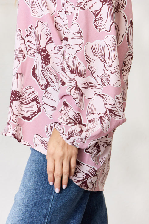 Heimish Full Size Floral V-Neck Balloon Sleeve Blouse