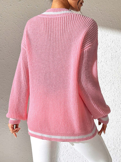 Contrast Trim V-Neck Long Sleeve Sweater