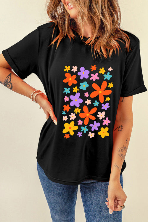 Flower Graphic Round Neck Short Sleeve T-Shirt