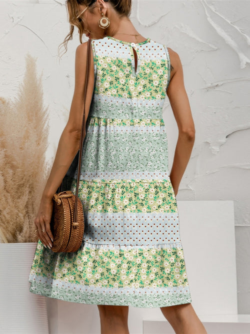 FAM-FAM Tiered Printed Round Neck Sleeveless Dress