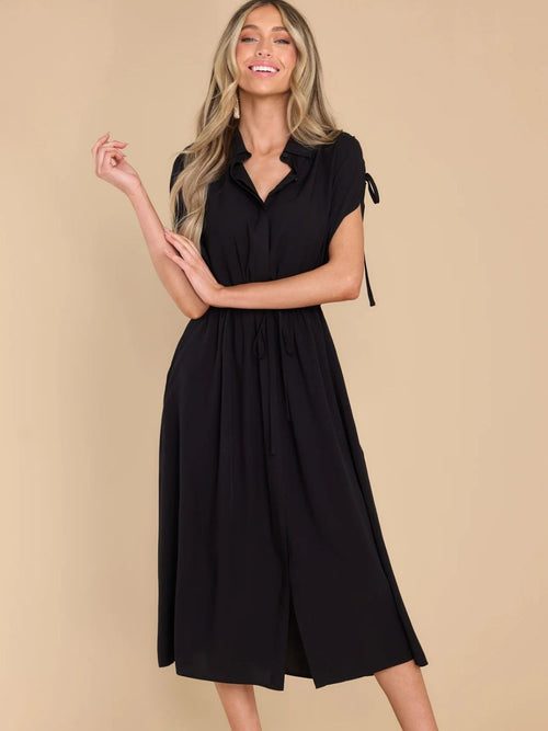 Drawstring Collared Neck Short Sleeve Midi Dress