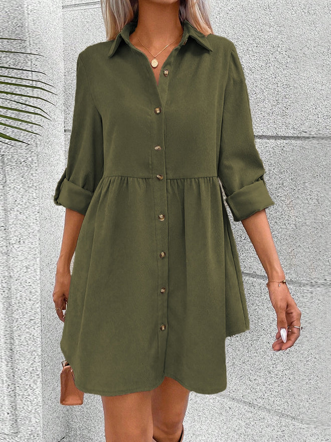 Button Up Collared Neck Long Sleeve Dress