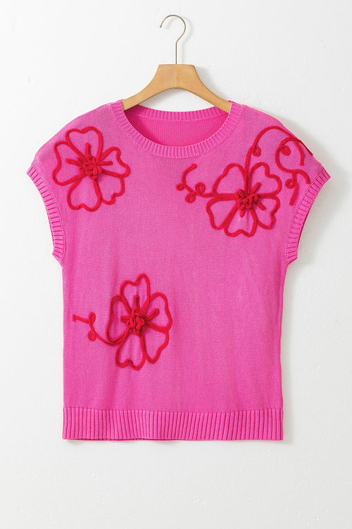 Crochet Flower Round Neck Cap Sleeve Sweater