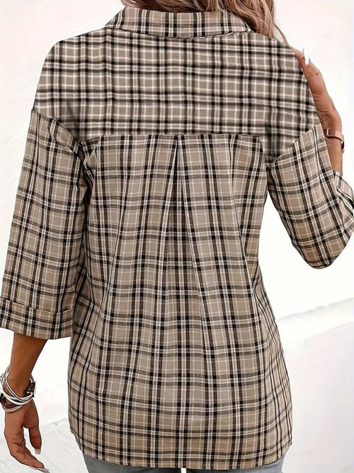 Plaid Johhny Collar Three-Quarter Sleeve T-Shirt