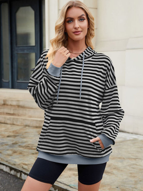 Drawstring Contrast Striped Long Sleeve Hoodie