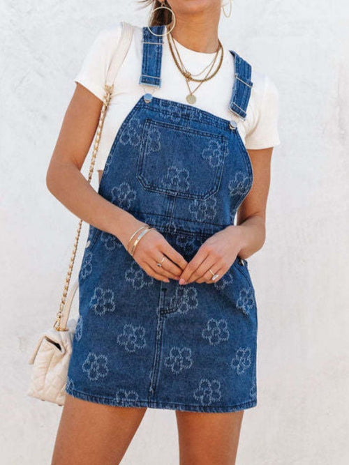 Flower Wide Strap Denim Overall Dress with Pockets