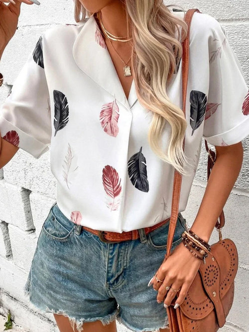 Full Size Printed Collared Neck Short Sleeve Blouse