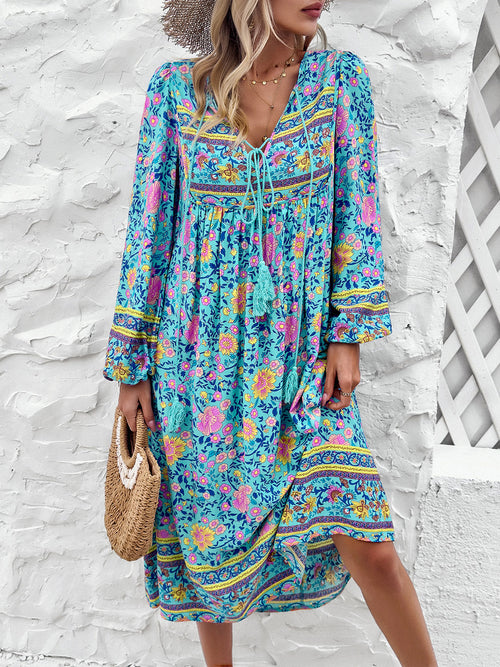 Devine Tassel Tied Printed Long Sleeve Dress