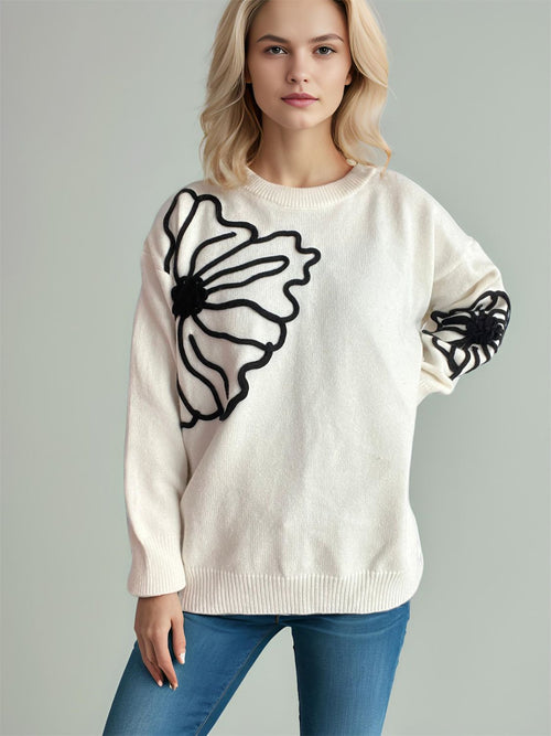 Flower Round Neck Long Sleeve Sweater