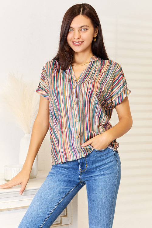 Shiny Multicolored Stripe Notched Neck Top