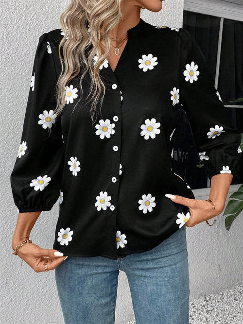 Daisy Notched Three-Quarter Sleeve Shirt