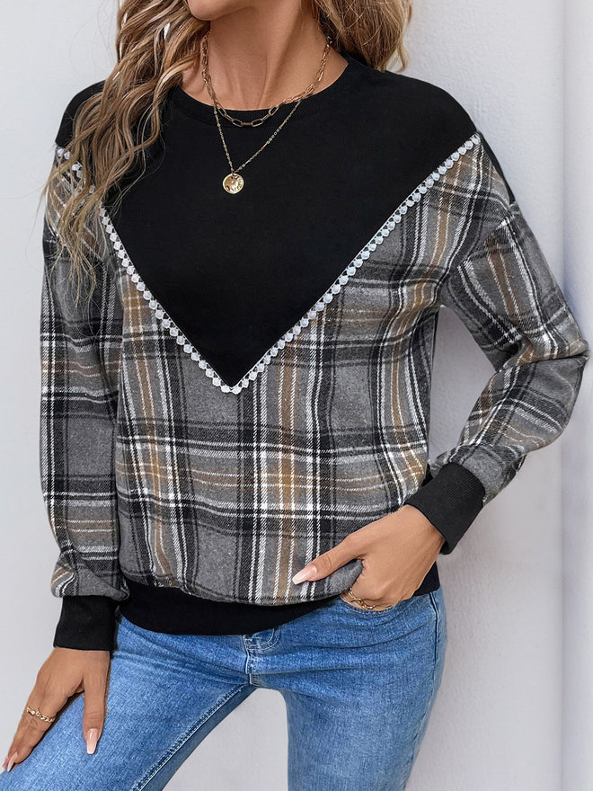 Perfee Plaid Round Neck Long Sleeve Sweatshirt