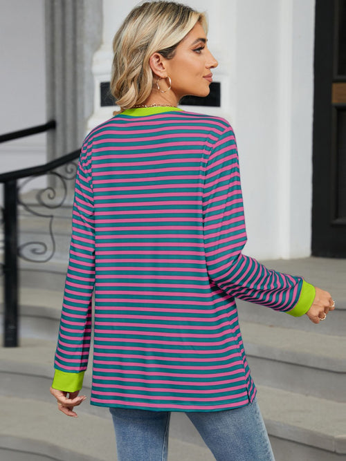 Pocketed Striped Round Neck Long Sleeve T-Shirt