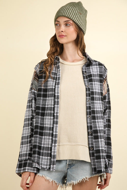 VERY J Contrast Plaid Raw Detail Shirt