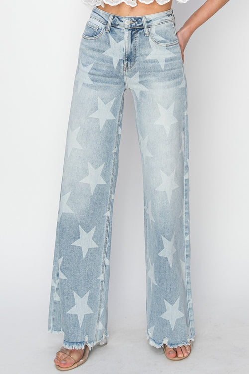 RISEN Full Size Raw Hem Star Wide Leg Jeans