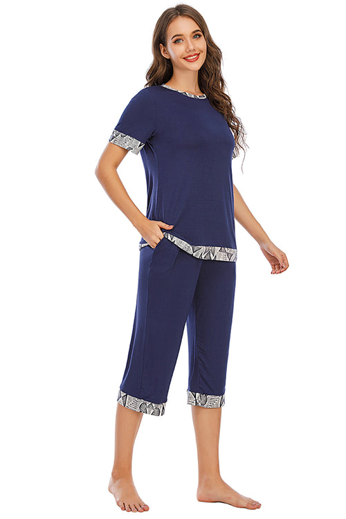 Round Neck Short Sleeve Top and Capris Pants Lounge Set