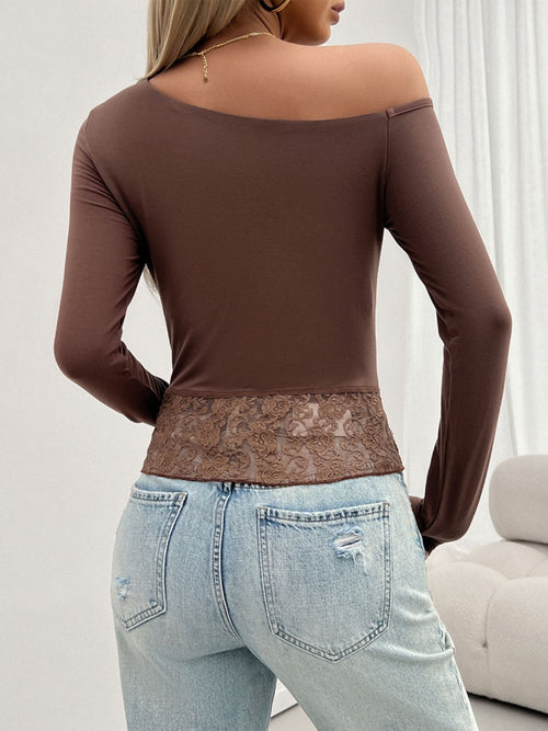 Devine Single Shoulder Long Sleeve Lace T-Shirt