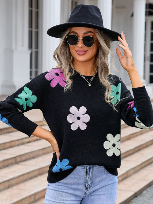 Angel Wings Flower Round Neck Long Sleeve Sweater