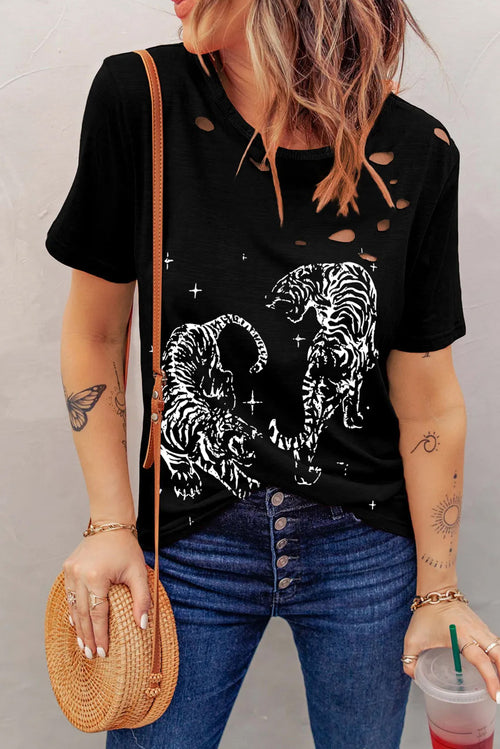 Cutout Graphic Round Neck Short Sleeve T-Shirt