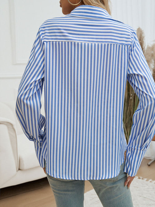 Devine Pocketed Striped Collared Neck Long Sleeve Shirt