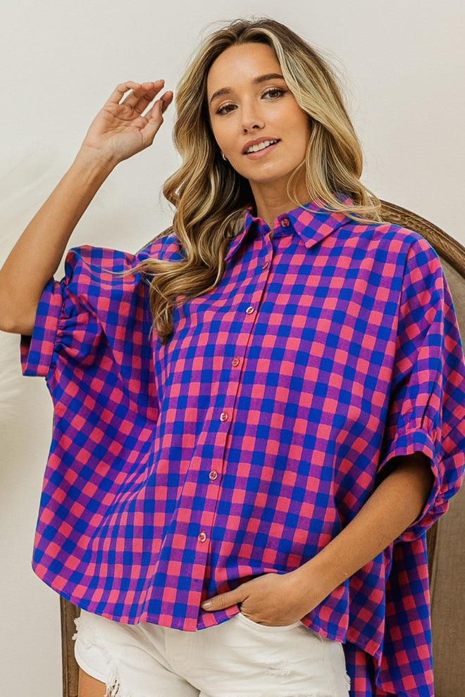 BiBi Plaid Button Up Dolman Sleeve Shirt