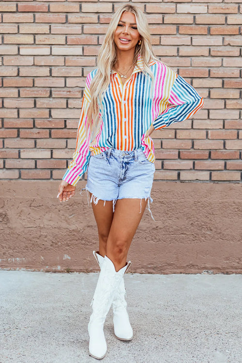 Striped Collared Neck Long Sleeve Shirt