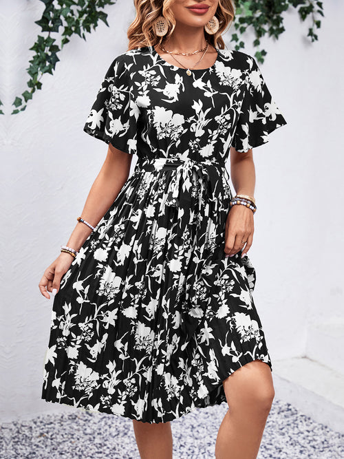 Perfee Printed Round Neck Short Sleeve Dress