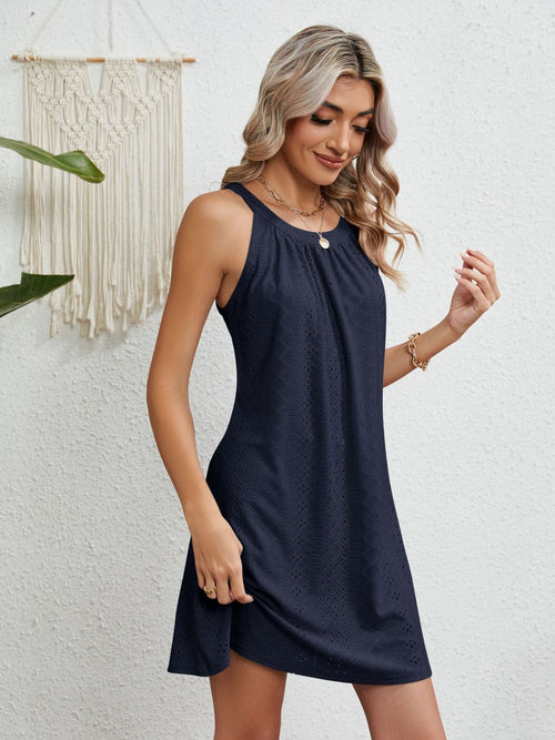 Eyelet Grecian Neck Mini Dress