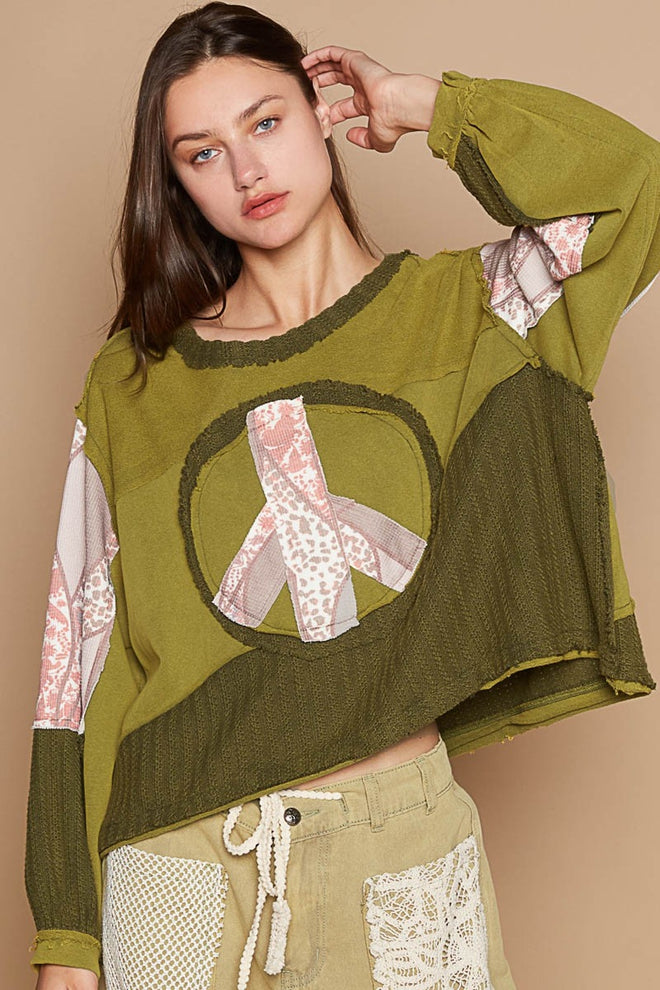 POL Long Sleeve Cut Sew Peace Emblem Top