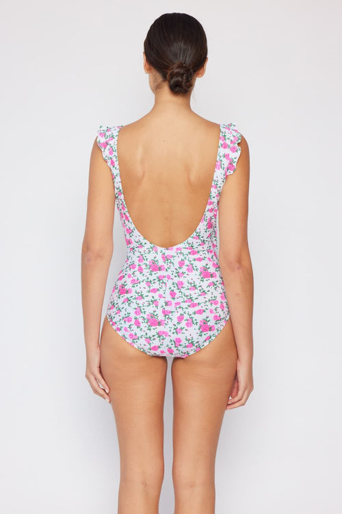 Marina West Swim Full Size Float On Ruffle Faux Wrap One-Piece in Roses Off-White