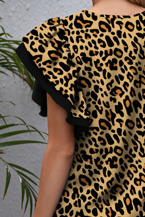 FAM-FAM Leopard Round Neck Flounce Sleeve Blouse