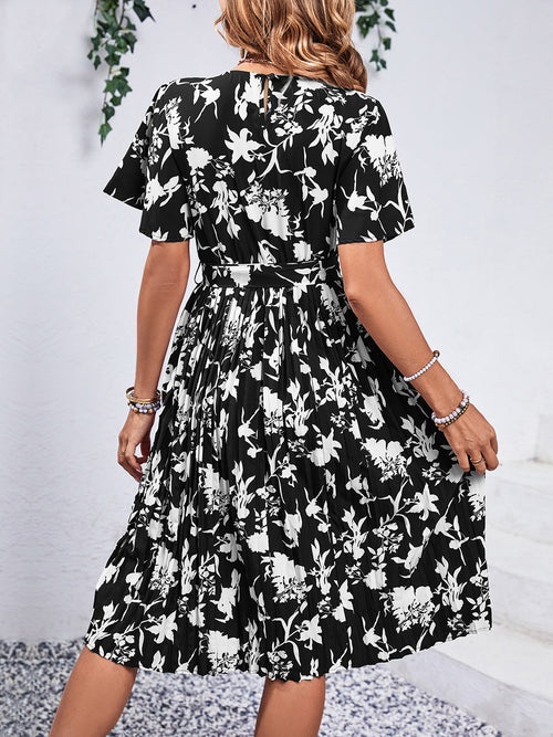 Perfee Printed Round Neck Short Sleeve Dress