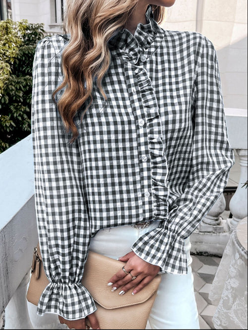 Devine Frill Ruffled Plaid Long Sleeve Shirt