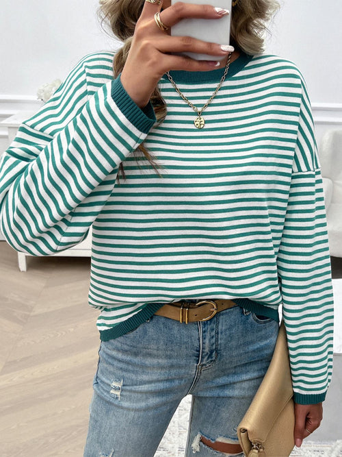 Devine Striped Round Neck Dropped Shoulder Sweater