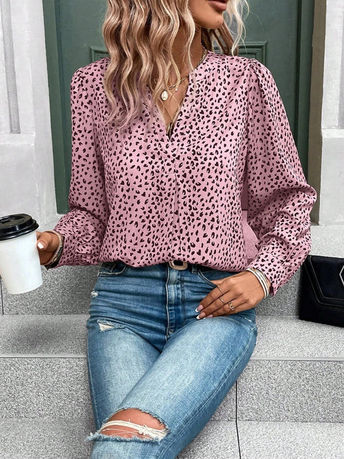 Printed Notched Long Sleeve Blouse