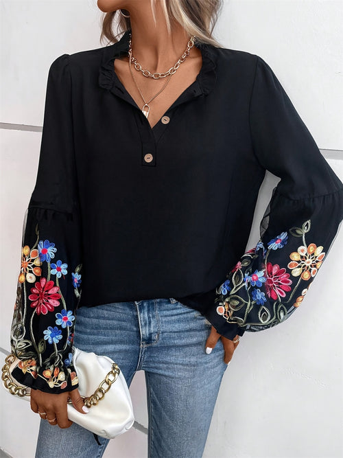 Embroidered Notched Long Sleeve Blouse