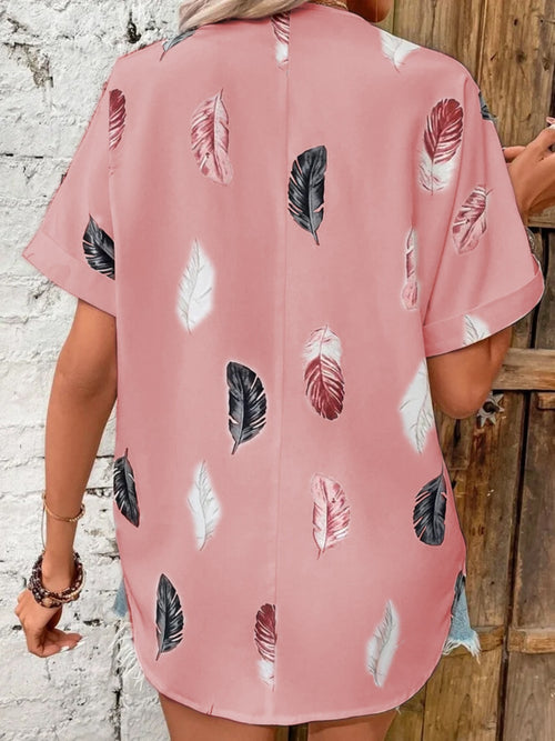 Full Size Printed Collared Neck Short Sleeve Blouse