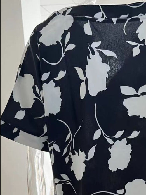 Full Size Printed Notched Short Sleeve Blouse