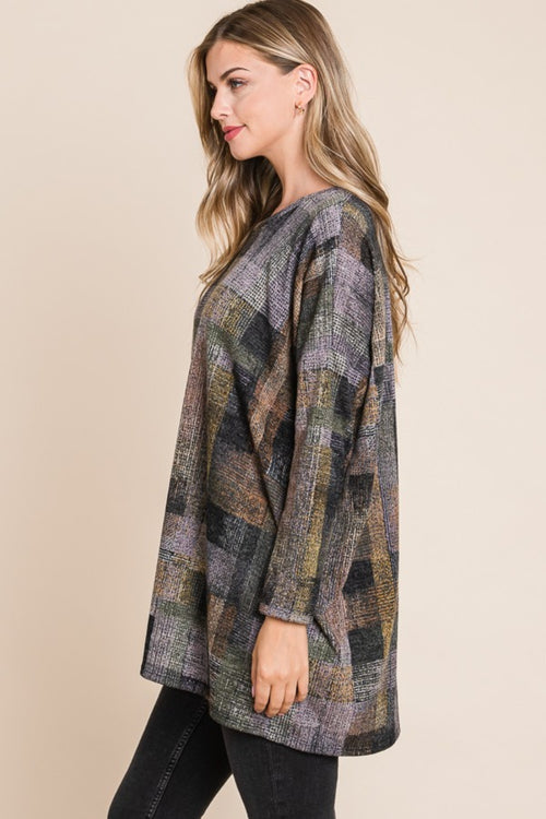 BOMBOM Plaid Round Neck Long Sleeve Top