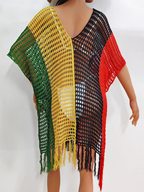 Fringe Color Block Scoop Neck Cover Up