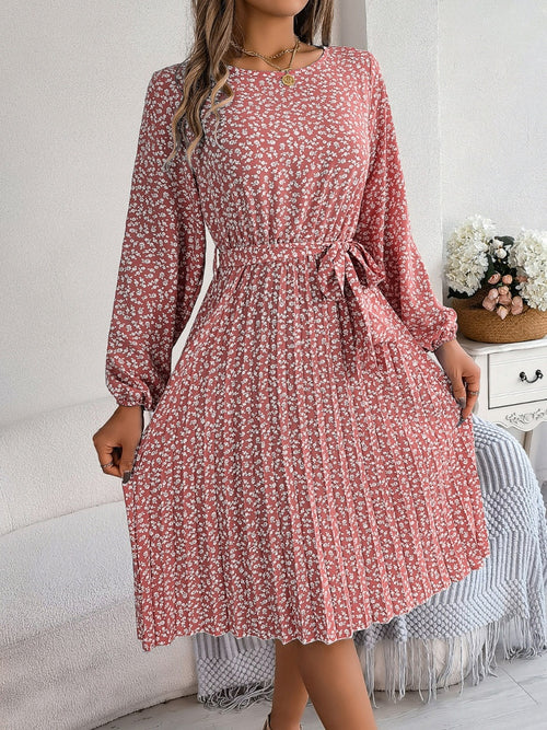 Ditsy Floral Tie Waist Pleated Dress