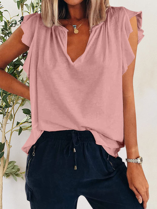 Ruffled Notched Cap Sleeve T-Shirt