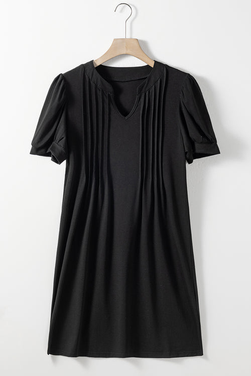 Pin-Tuck Notched Short Sleeve Dress