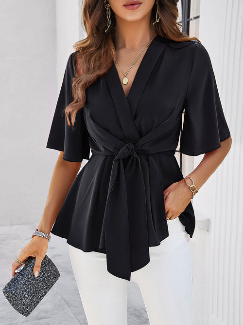 Devine Surplice Tie Waist Half Sleeve Blouse