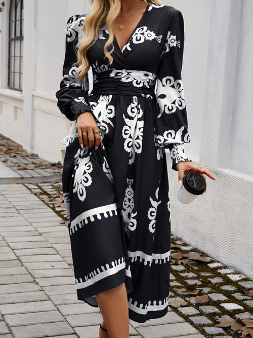 Devine Printed Surplice Lantern Sleeve Midi Dress