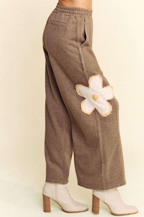 Davi & Dani Flower Patch Elastic Waist Wide Leg Pants